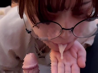 Nerdy Japanese college girl with glasses gets a tough money-shot in POINT OF VIEW